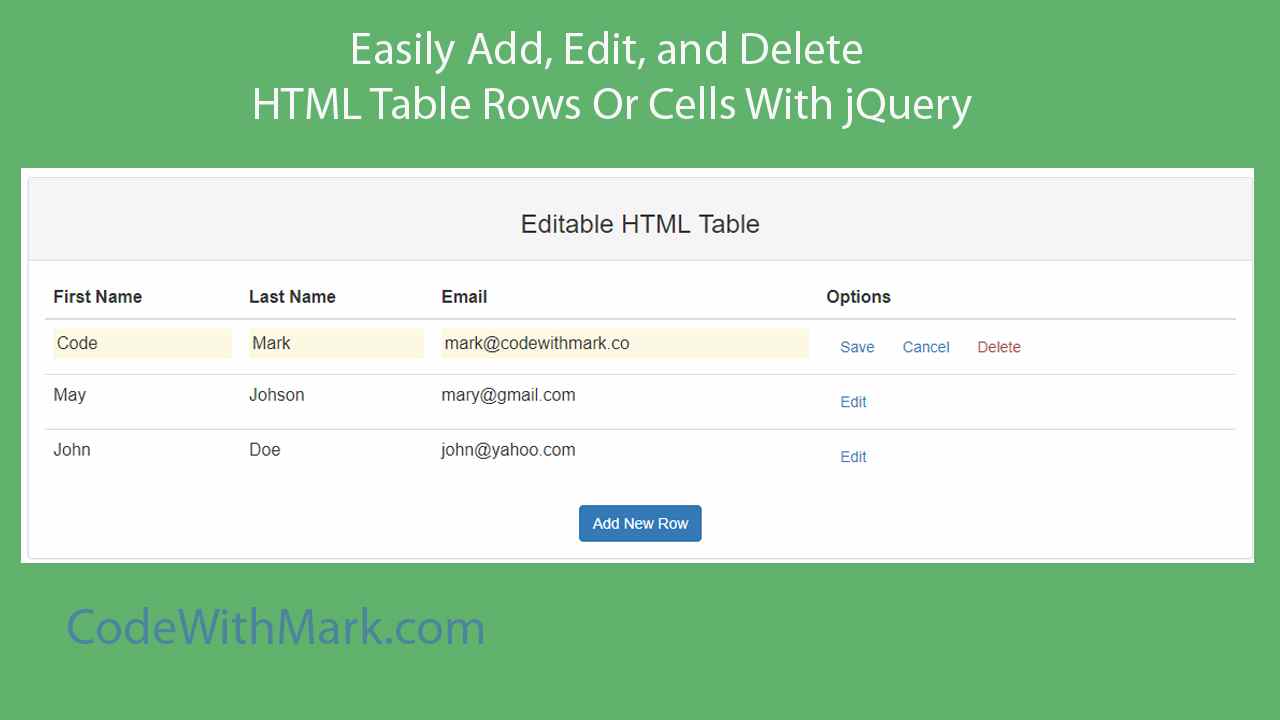 Easily Add, Edit, and Delete HTML Table Rows Or Cells With jQuery